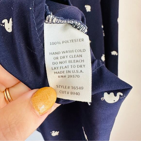 EVERLY Navy Blue White Elephant Print Button Tab Sleeve Silky Blouse Shirt Top M - Picture 8 of 10